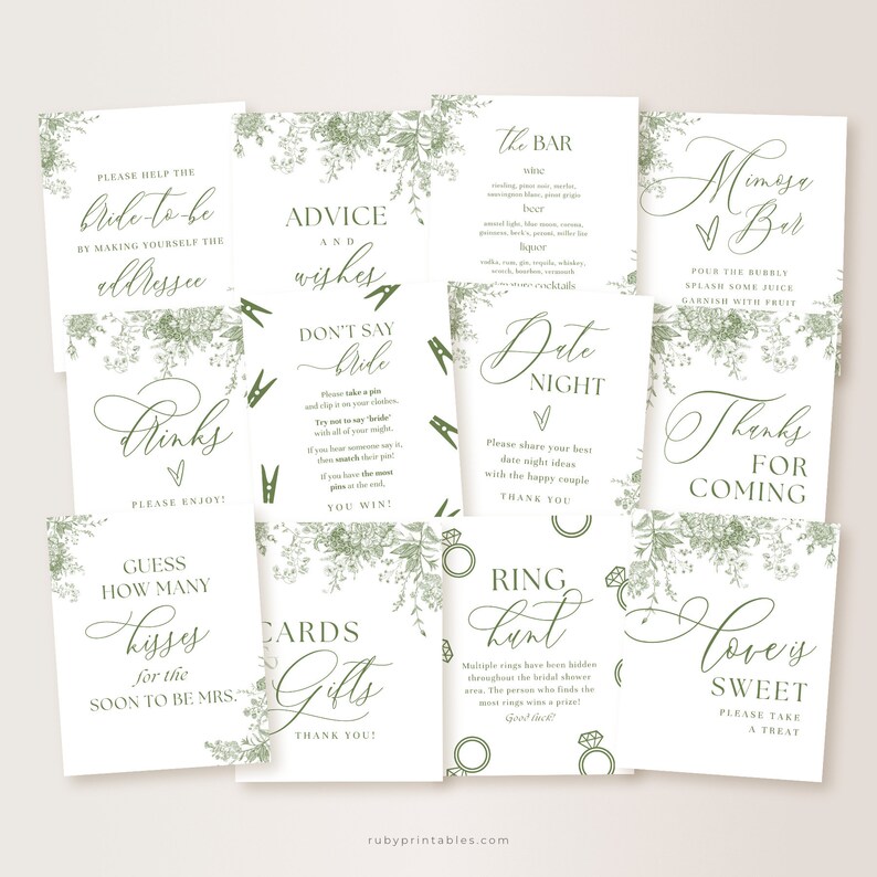 COMPLETE Bridal Shower Bundle, Bridal Shower Invite Games Signs, Sage Green Vintage Floral, Victorian Themed, Toile de Jouy, Chinoiserie image 8
