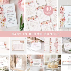 Baby in Bloom Baby Shower Bundle, A Sweet Baby Girl, Pink Flowers, Invite Template, Welcome Sign, Place Card, Baby Shower Games, Signs