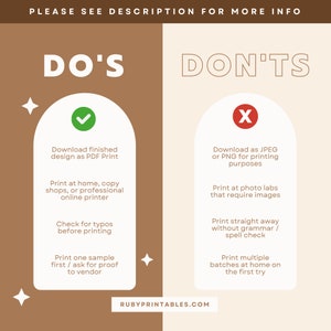 May include: A brown and beige infographic with the text "DO'S" and "DON'TS" in large white letters. The infographic lists tips for printing digital designs. The "DO'S" side includes a green checkmark and the "DON'TS" side includes a red X.