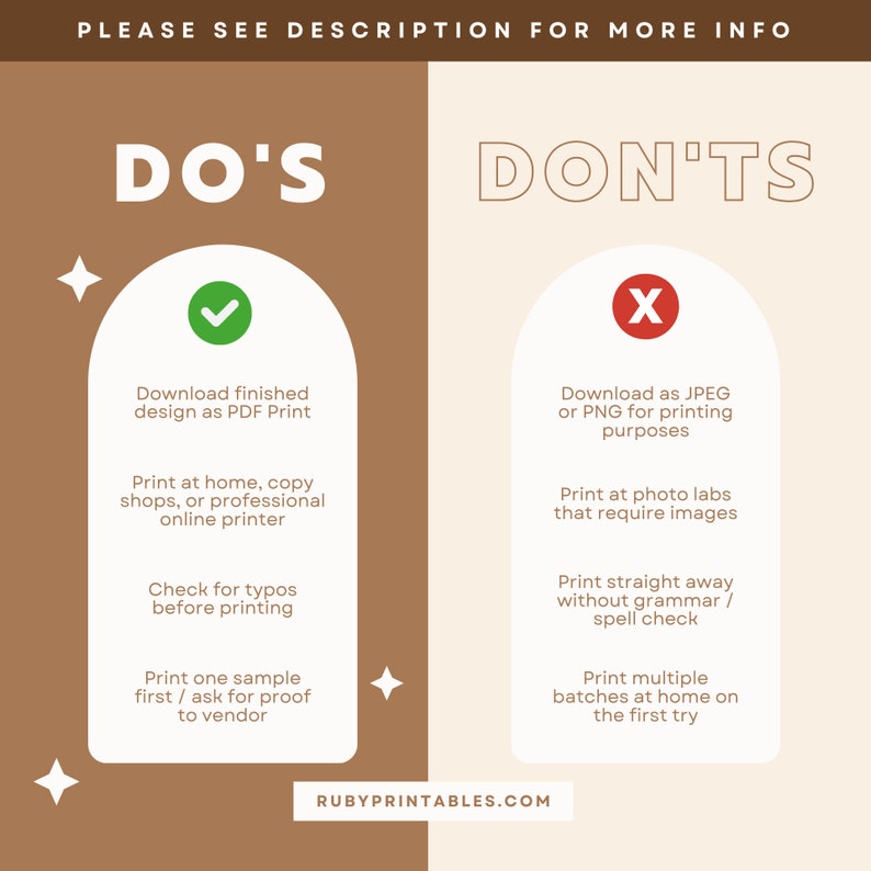 May include: A brown and beige infographic with the text "DO'S" and "DON'TS" in large white letters. The infographic lists tips for printing digital designs. The "DO'S" side includes a green checkmark and the "DON'TS" side includes a red X.