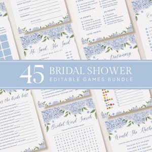 Op de afbeelding: Een verzameling bruidsdouchespellen met een bloemmotief. De spellen omvatten "He Said, She Said", "Bridal Word Search" en "Would She Rather". De bundel is gelabeld "45 Bridal Shower Editable Games Bundle".