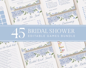 Something Blue Bridal Shower Games Bundle, Vintage Blue Floral, Wedding Party Games Pack, Blue Hydrangea, Dusty Blue Flowers