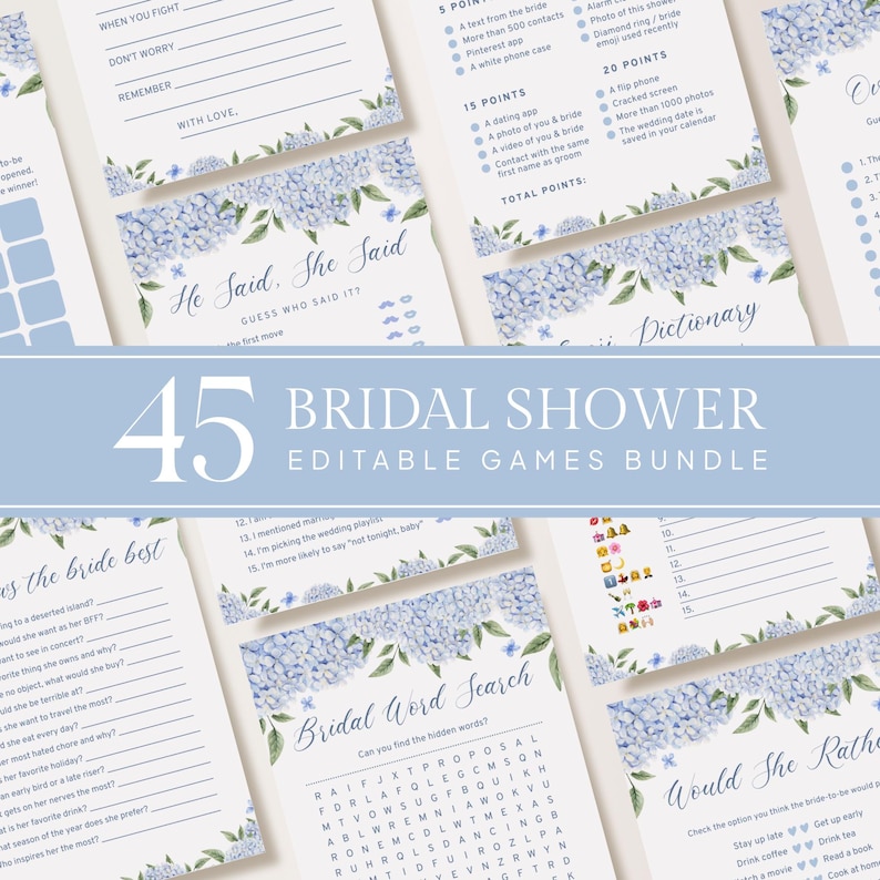Puede incluir: Un conjunto de juegos para la despedida de soltera con un dise&ntilde;o floral. Los juegos incluyen "He Said, She Said", "Bridal Word Search" y "Would She Rather". El paquete est&aacute; etiquetado como "45 Bridal Shower Editable Games Bundle".