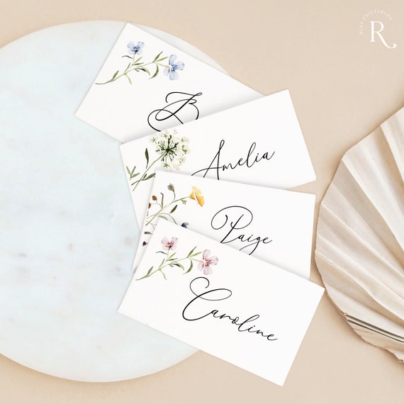 Wildflower Place Cards Template, Wedding Name Cards, Spring Floral, Boho Wild Flowers, Bridal Shower, Editable Table Setting Cards
