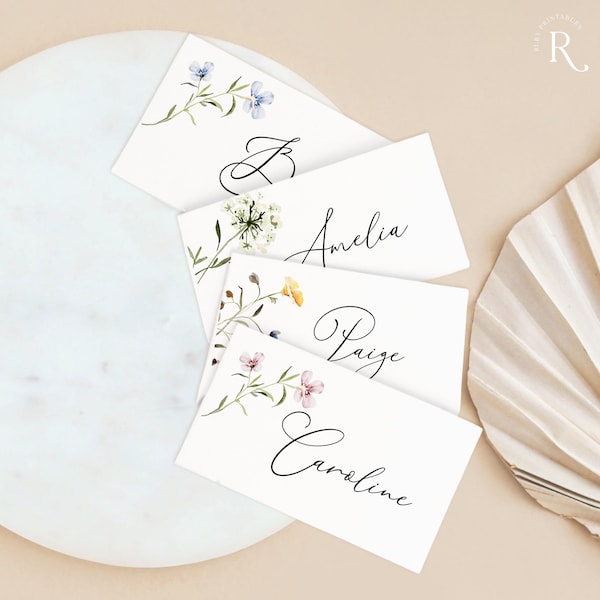 Wildflower Place Cards Template, Wedding Name Cards, Spring Floral, Boho Wild Flowers, Bridal Shower, Editable Table Setting Cards