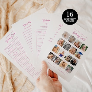 Puede incluir: Un conjunto de juegos de fiesta de cumpleaños impresos en papel blanco. Los juegos incluyen indicaciones para brindar por el cumpleaños, un juego de "Nunca he" y un juego de "Adivina la edad". Un círculo negro con el texto "16 Birthday Games" está en la esquina superior derecha.