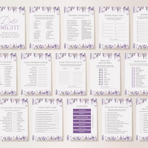 Op de afbeelding: Een set van 12 afdrukbare bruidsdouche-spelkaarten met een paars bloemenontwerp. De kaarten bevatten verschillende spellen zoals "Wat zit er in je tas?", "Huwelijkstradities", "Waar waren ze?", "Honey Dos", "Noem die liefdesmelodie", "Wie is waar geweest?", "Match de liefdesliedjes", "Noem die taart", "Charades", "Wat heeft de bruidegom gezegd?", "Ik wed dat je het niet wist" en "Partykoppels".