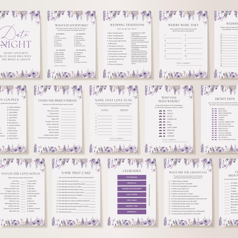Op de afbeelding: Een set van 12 afdrukbare bruidsdouche-spelkaarten met een paars bloemenontwerp. De kaarten bevatten verschillende spellen zoals "Wat zit er in je tas?", "Huwelijkstradities", "Waar waren ze?", "Honey Dos", "Noem die liefdesmelodie", "Wie is waar geweest?", "Match de liefdesliedjes", "Noem die taart", "Charades", "Wat heeft de bruidegom gezegd?", "Ik wed dat je het niet wist" en "Partykoppels".
