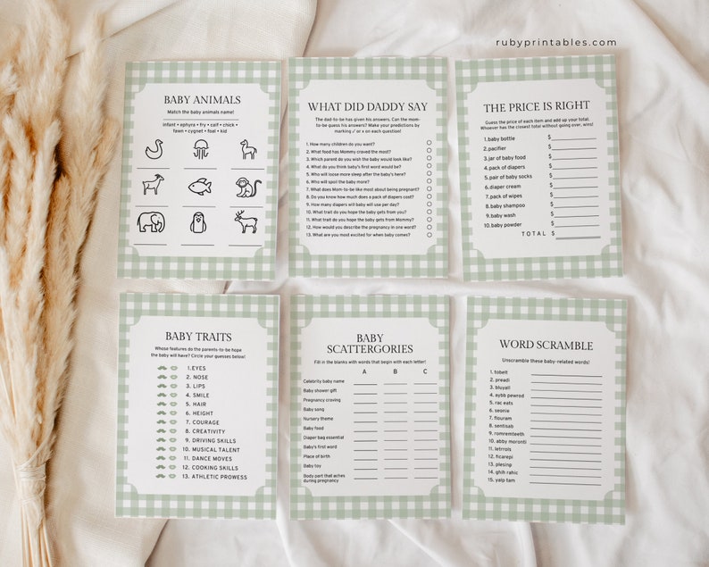 May include: A set of printable baby shower games with a green and white gingham pattern. The games include "Baby Animals", "What Did Daddy Say", "The Price is Right", "Baby Traits", "Baby Scattergories", and "Word Scramble".