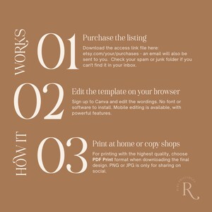 May include: A beige background with three steps on how to use a printable template. Step one is to purchase the listing, step two is to edit the template on your browser, and step three is to print at home or copy shops. The text "WORKS" is written vertically on the left side of the image, and the text "HOW IT" is written vertically on the left side of the image.