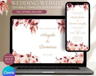 Wedding Website Template with Trackable RSVP: Editable Invitation Custom Website, Burgundy Floral