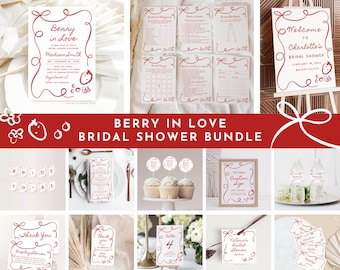 Berry in Love Bridal Shower Bundle: Invitation, Games, Signs (Editable Canva Templates)