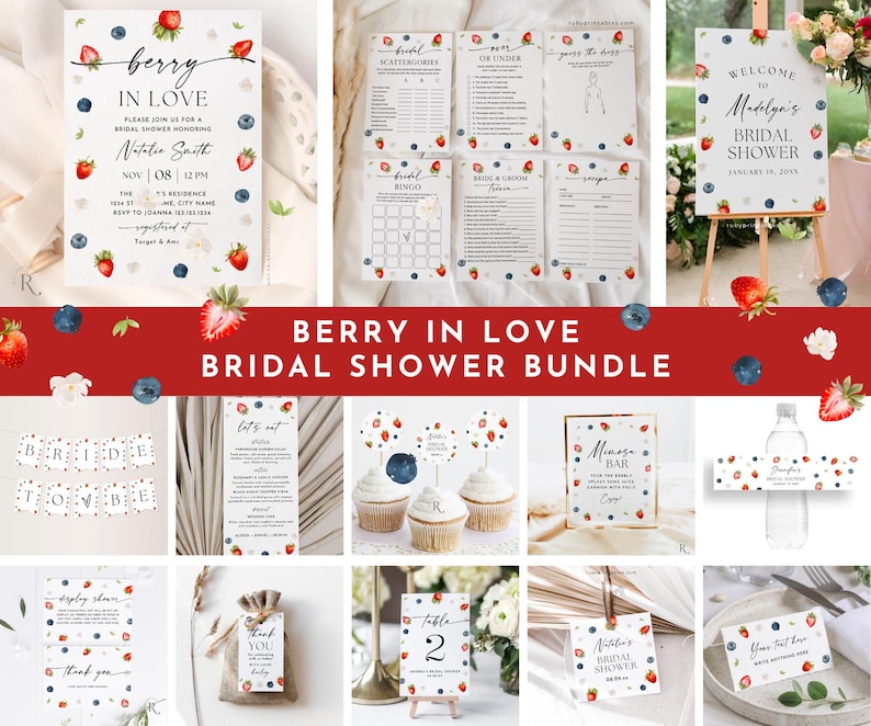 May include: A printable bridal shower bundle with a berry and floral theme. The bundle includes invitations, games, decorations, and favors. The design features red strawberries, blue blueberries, and white flowers on a white background.