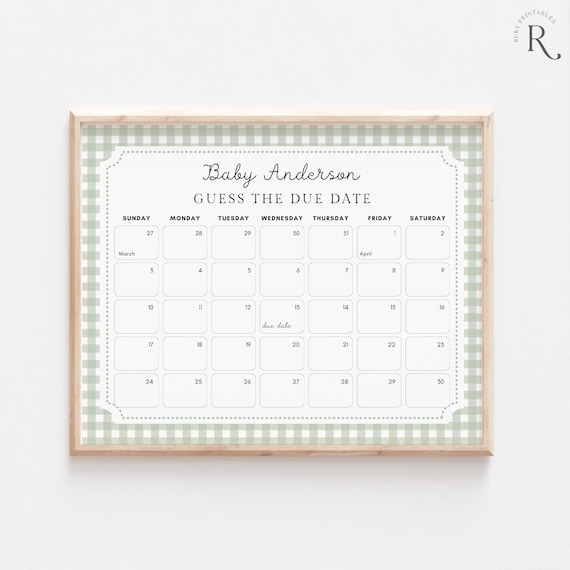 Sage Green Gingham Baby Due Date Calendar Game (Digital Download)