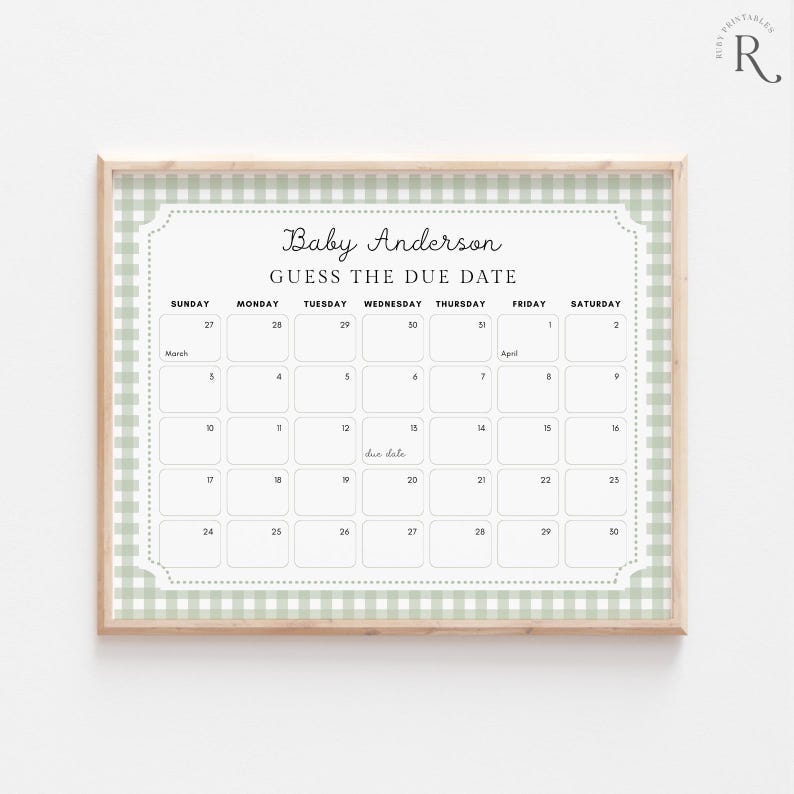 Sage Green Gingham Baby Due Date Calendar Game (Digital Download) image 1
