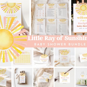 May include: A baby shower bundle with a watercolor sun design in yellow and pink. The bundle includes invitations, games, a welcome sign, place cards, thank you cards, and favor tags. The text "Little Ray of Sunshine" is displayed.