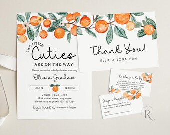 Twins Baby Shower Invitation Suite: Two Little Cuties Invite, Books for Baby, Diaper Raffle, Thank You Card (Editable Canva Templates)