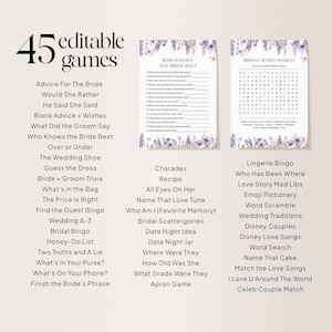 Op de afbeelding: Een printbare set van 45 bruiloftsspelletjes met een paars bloemenontwerp. De spellen omvatten "Wie kent de bruid het beste", "Bruiloft woordzoeker", "Charades", "Recept", "Alle ogen op haar", "Noem dat liefdesliedje", "Wie ben ik (Favoriete herinnering)", "Bruiloft Scattergories", "Date Night Idee", "Date Night Pot", "Waar waren ze", "Hoe oud was ze", "Welke klas zaten ze", "Schort spel", "Lingerie Bingo", "Wie is waar geweest", "Liefdesverhaal Mad Libs", "Emoji Pictionary", "Woord Scramble", "Huwelijkstradities", "Disney-koppels", "Disney-liefdesliedjes", "Woordzoeker", "Noem die taart", "Match de liefdesliedjes", "Ik hou van je over de hele wereld", "Bekende koppel match", "Advies voor de bruid", "Zou ze liever", "Hij zei dat ze zei", "Leeg advies + Wensen", "Wat zei de bruidegom", "Wie kent de bruid het beste", "Boven of onder", "De bruidsschoen", "Raad de jurk", "Bruid & bruidegom Trivia", "Wat zit er in de tas", "De prijs is goed", "Vind het gastenbingo", "Bruiloft A-Z", "Bruiloft Bingo", "Honey-Do-lijst", "Twee waarheden en een leugen", "Wat zit er in je tas?", "Wat staat er op je telefoon?", en "Maak de zin van de bruid af".