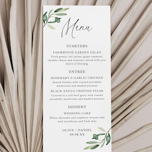 Bewerkbare menusjabloon, olijffruit bruiloftsmenu, menu vrijgezellenfeest, Italiaanse olijven, dinermenu, Let's Eat, feest