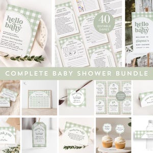 Salbei-grün Gingham-Babyparty-Paket, moderner Bogen, Einladungsvorlage, Willkommensschild, Tischkarte, Baby-Duschespiele, Schilder