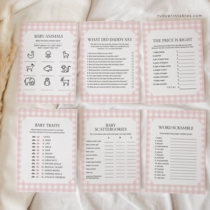 Puede incluir: Un conjunto de juegos de baby shower imprimibles con fondos de cuadros vichy rosa y blanco. Los juegos incluyen "Baby Animals", "What Did Daddy Say", "The Price is Right", "Baby Traits", "Baby Scattergories" y "Word Scramble".