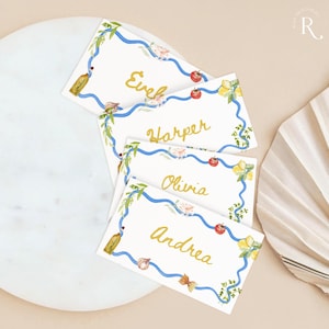 Plantillas de tarjetas de mesa de estilo mediterráneo, tarjetas con nombres para bodas, flores primaverales, despedidas de soltera, tarjetas editables para la disposición de la mesa, cenas italianas