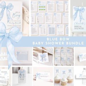 Blaue Schleife-Babyparty-Komplettpaket, Einladungsvorlage, bearbeitbare Babypartyspiele, Willkommensschild, Anhänger, Tischkarte, Etikett, Kokettband