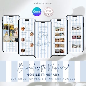 以下が含まれることがあります： 青と白のストライプのデザインが施された、独身最後の週末のモバイル旅程テンプレート。旅程、服装ガイド、交通機関のセクションが含まれています。テキストには「Bachelorette Weekend」と「Editable Template | Instant Access」が含まれています。