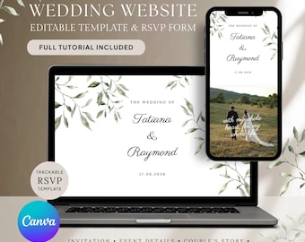 May include: A laptop and smartphone display a wedding website template. The laptop screen shows the text "The Wedding of Tatiana & Raymond" and the date "17.08.2029". The smartphone displays a photo of a couple with the text "with my whole heart for my whole life".