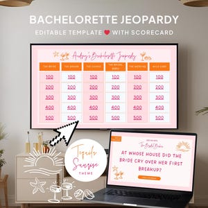 Puede incluir: Un juego de Jeopardy digital para despedida de soltera que se muestra en una pantalla de TV y una computadora portátil. El televisor muestra un tablero de juego rosa y blanco con categorías y valores de puntos. La computadora portátil muestra una pregunta. El tema es Tequila Sunrise.