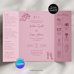 May include: A pink wedding invitation with a burgundy design. The invitation features the names "Kileni Smith" and "Cooper Johnson" and the date "August 28, 2029". The invitation also includes a timeline of events for the wedding day.