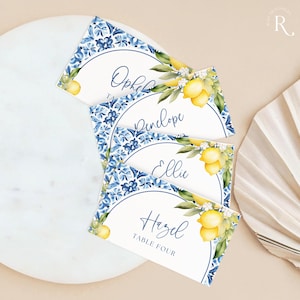 Lemon Place Card, Citrus Food Label, Buffet Label Template, Mediterranean, Name Card, Table Setting, Blue Tiles, Italian Dinner Party