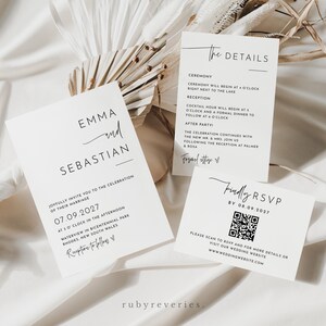 May include: Wedding invitation suite with a white background and black text. The invitation card features the names Emma and Sebastian, the date 07.09.2027, and the location Waterview in Bicentennial Park, Rhodes, New South Wales. The details card includes the ceremony and reception times and locations. The RSVP card has a QR code and the text "Findly RSVP by 08.09.2027".