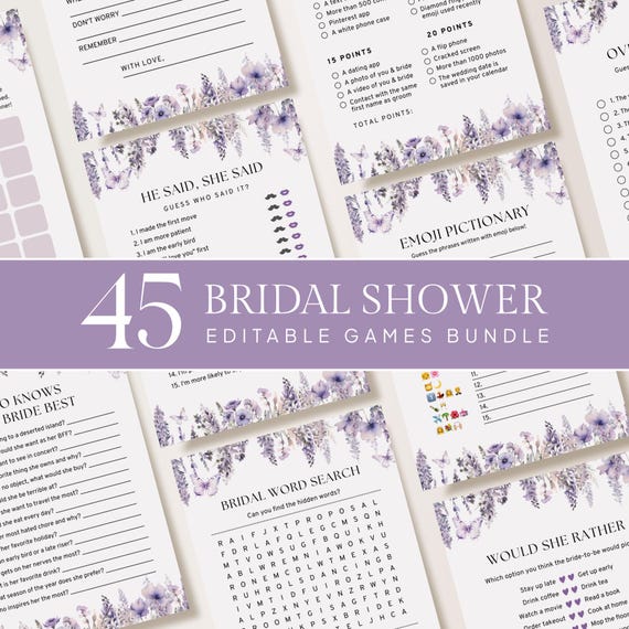 Lavender Bridal Shower Games Bundle, Purple Butterfly, Bridal Brunch Party Games Pack, Purple Flower Floral