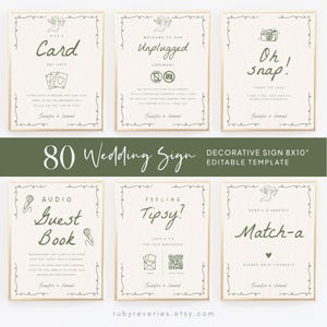 May include: Set of eight 8x10 inch printable wedding signs with a rustic, vintage aesthetic. The signs feature various wedding-related themes, such as a guest book, unplugged ceremony, and a tipsy bar sign. Each sign has a decorative border and includes the text "Jennifer & Samuel".