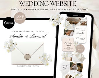 Wedding Website Template with RSVP Form: Editable Invitation, Custom Canva, White Elegant (Digital Download)