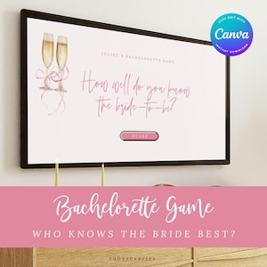Könnte beinhalten: Ein rosa-weißes druckbares Bachelorette-Spiel mit dem Text "Juliet's Bachelorette Game" und "How well do you know the bride-to-be?" Das Spiel verfügt über einen rosa Knopf mit der Aufschrift "Start" und eine Aquarell-Illustration von zwei Champagnergläsern mit rosa Bändern.