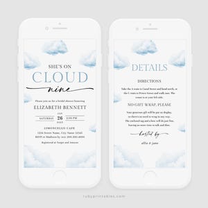Peut inclure: Deux écrans de smartphone affichant une invitation à une fête prénuptiale. L'écran de gauche indique "She's on Cloud Nine" avec les détails de l'événement. L'écran de droite fournit des indications et des informations sur les cadeaux, le tout sur un fond de nuages bleu clair.