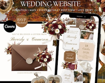 Wedding Website Template with RSVP Form: Editable Invitation Custom Canva, Rustic Brown