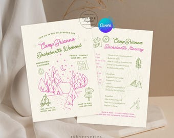 Camp Bachelorette Weekend Invitation Template: Glamping Hiking Bridal Party (Editable Canva Printable)
