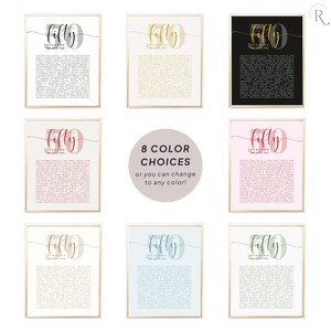 May include: Eight printable art prints with different color backgrounds featuring the text "50 Reasons We Love You" with a stylized number 50. The text is in a cursive font with a pink, gold, gray, blue, or green color scheme.