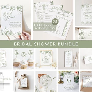 May include: A bridal shower bundle with a green and white floral theme. The bundle includes invitations, games, signs, table numbers, and thank you tags. The text on the invitations reads "Bridal Shower" and "Holly Anderson". The text on the games reads "35 Bridal Shower Editable Games". The text on the signs reads "25 Editable Signs". The text on the table numbers reads "Table 9". The text on the thank you tags reads "Thank you".