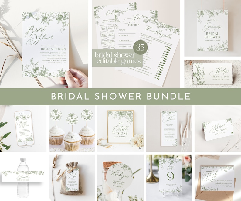 May include: A bridal shower bundle with a green and white floral theme. The bundle includes invitations, games, signs, table numbers, and thank you tags. The text on the invitations reads "Bridal Shower" and "Holly Anderson". The text on the games reads "35 Bridal Shower Editable Games". The text on the signs reads "25 Editable Signs". The text on the table numbers reads "Table 9". The text on the thank you tags reads "Thank you".