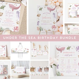 Pacote de aniversário sob o mar, primeiro aniversário de menina do oceano, modelo editável, convite, placa de boas-vindas, etiqueta, cartão de lugar, placa de marco