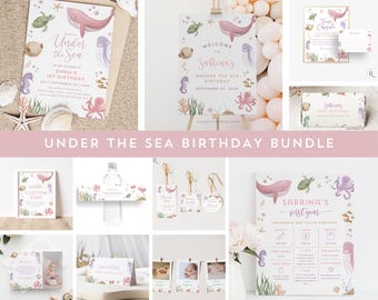 Under the Sea Birthday Bundle, Girl Ocean First Birthday, Editable Template, Invitation, Welcome Sign, Tag Label, Place Card, Milestone Sign