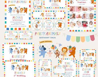 Fun Party Animals First Birthday Invitation Bundle Pack (Editable Canva Templates, Digital Download)