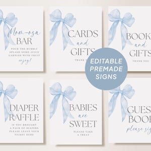 Blue Bow Editable Custom Signs, Baby Shower Decor, Coquette Blue Ribbon Sign Template, Favor Sign, Guestbook Sign, Cards + Gifts Sign