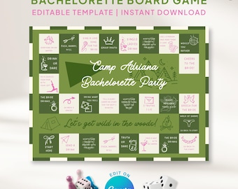Camp Bachelorette Board Game Template: Summer Glamping Bridal Shower, Editable Canva Printable