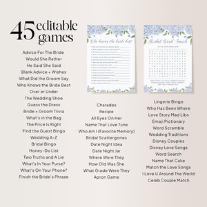 Puede incluir: Una colecci&oacute;n de 45 juegos editables para la despedida de soltera. La imagen presenta ejemplos como "Qui&eacute;n conoce mejor a la novia" y "B&uacute;squeda de palabras de boda", junto con una lista de otros t&iacute;tulos de juegos. Los juegos tienen un dise&ntilde;o floral.