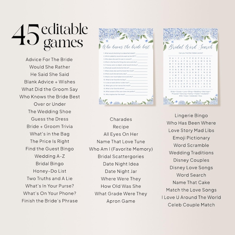 Puede incluir: Una colecci&oacute;n de 45 juegos editables para la despedida de soltera. La imagen presenta ejemplos como "Qui&eacute;n conoce mejor a la novia" y "B&uacute;squeda de palabras de boda", junto con una lista de otros t&iacute;tulos de juegos. Los juegos tienen un dise&ntilde;o floral.